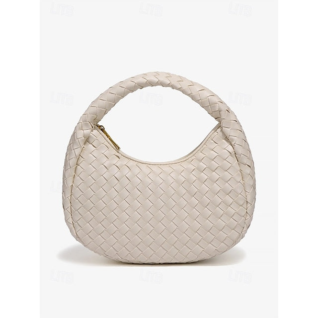 Leather Round Woven Chic Elegant Ivory Hobo Bag