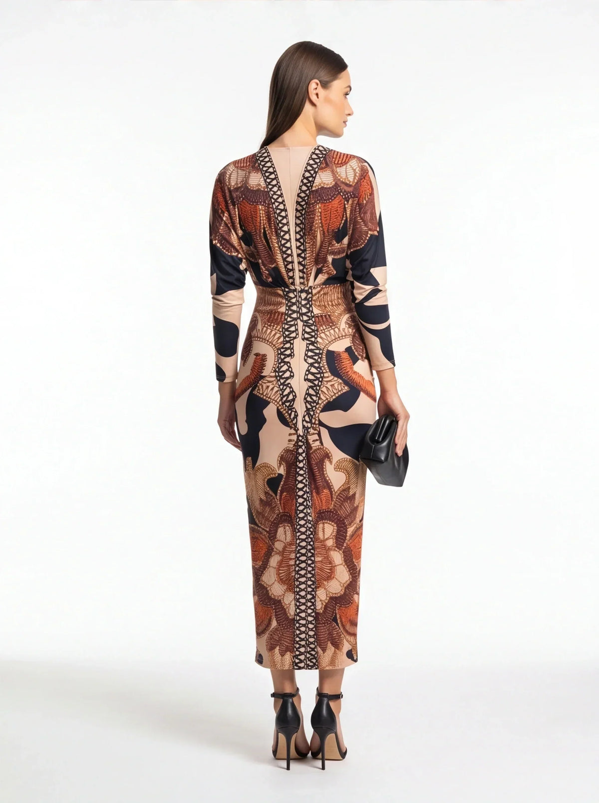 Deep V-Neck Long Sleeve Lattice Trim Graphic Bodycon Midi Dress - View 3