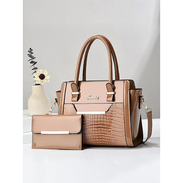 Faux Glossy Patent Handbag Set Leather
