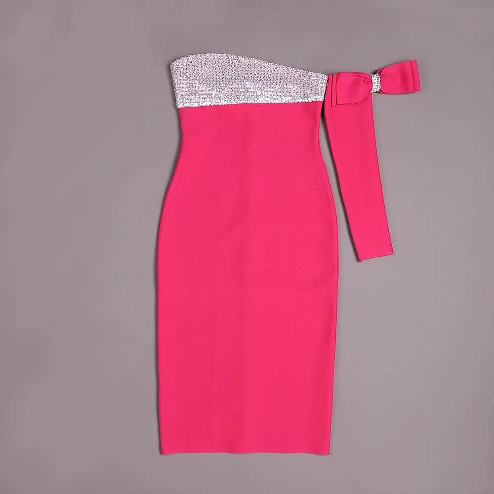 KittenAlarm - Rachel Off Shoulder Bow Embellishment Midi Dress