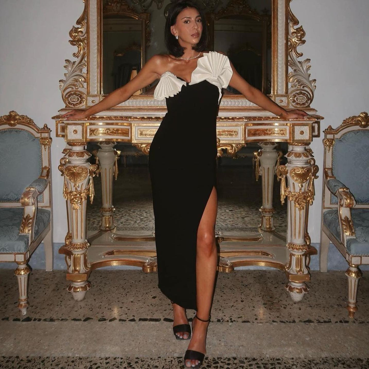 Strapless Oversized Bow Front High-Slit Maxi Gown 4