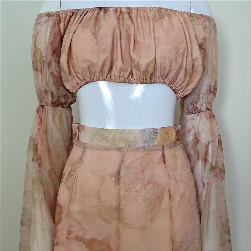 KittenAlarm - Raelynn Floral Off Shoulder Layered Sleeve & Slit Hem Skirt Set