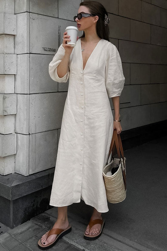 Ralaxed V Neck Button Up Puff Sleeve Linen Blend Midi Dress - Off White  Fashionpara