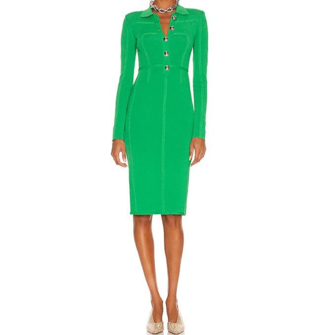 Collared Long Sleeve Button-Front Bodycon Midi Dress