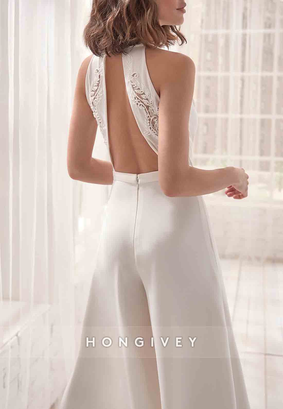 Low V-Neck Cut out Back Pleated Floor-Length Jumpsuit Wedding Dresses