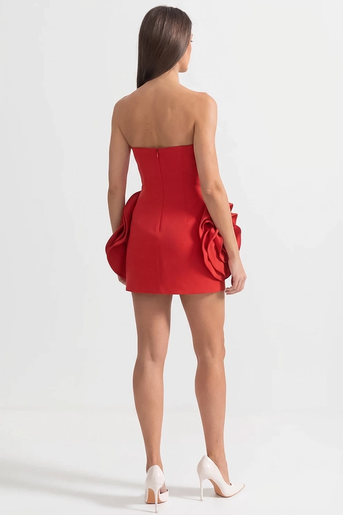 Strapless Sculptural Mini Dress with 3D Floral Appliqués – Red - View 5