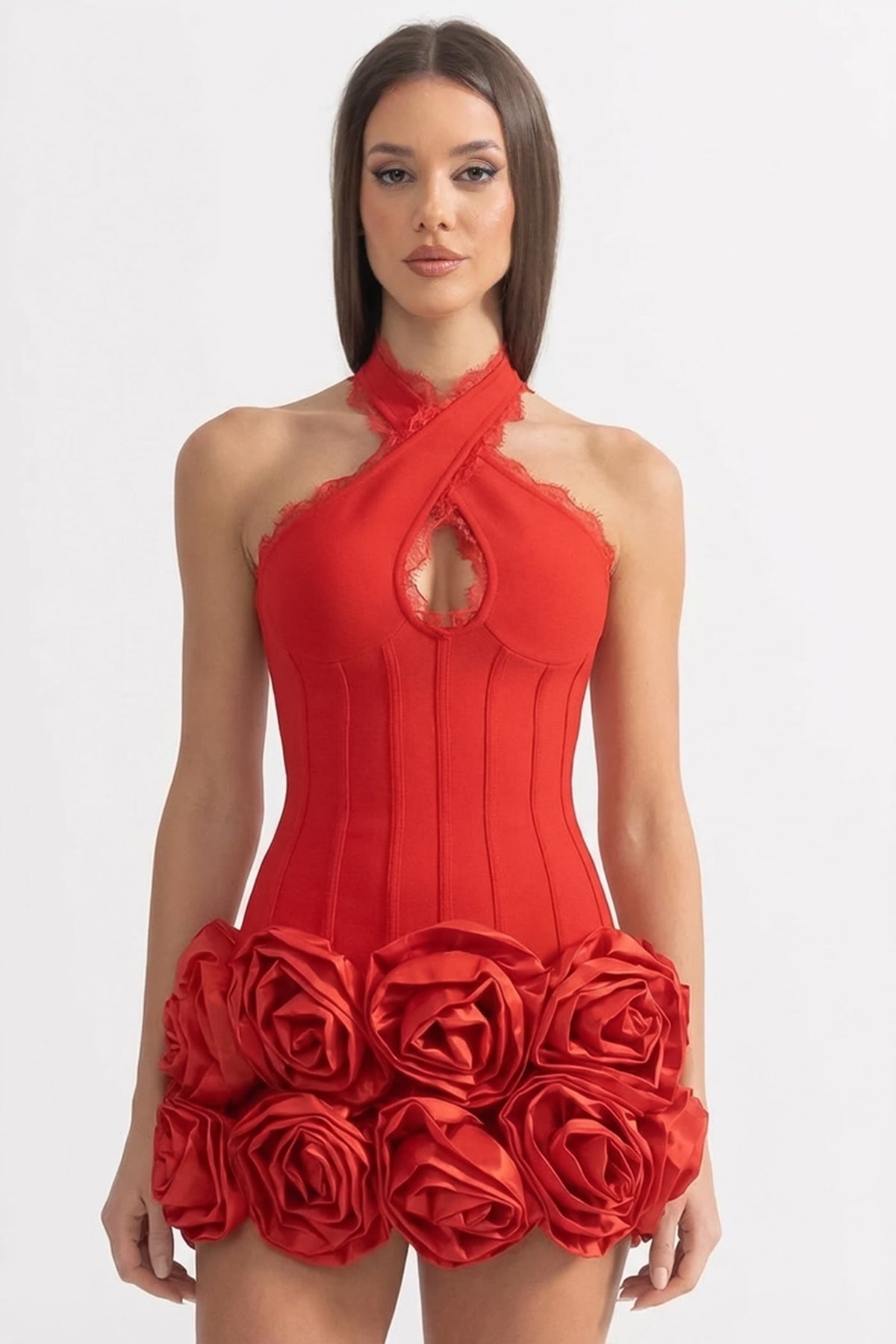 Halter Corset Mini Dress with 3D Rose Hem – Red