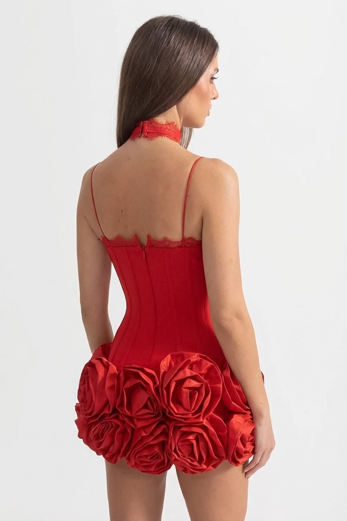 Halter Corset Mini Dress with 3D Rose Hem – Red - View 6