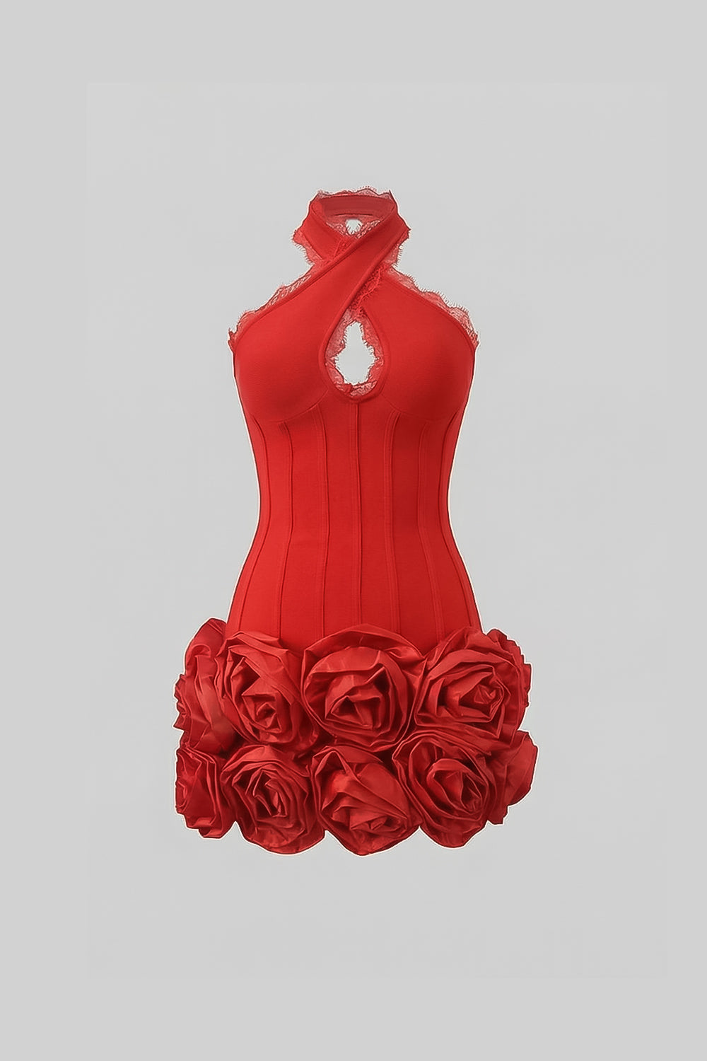 Halter Corset Mini Dress with 3D Rose Hem – Red - View 2
