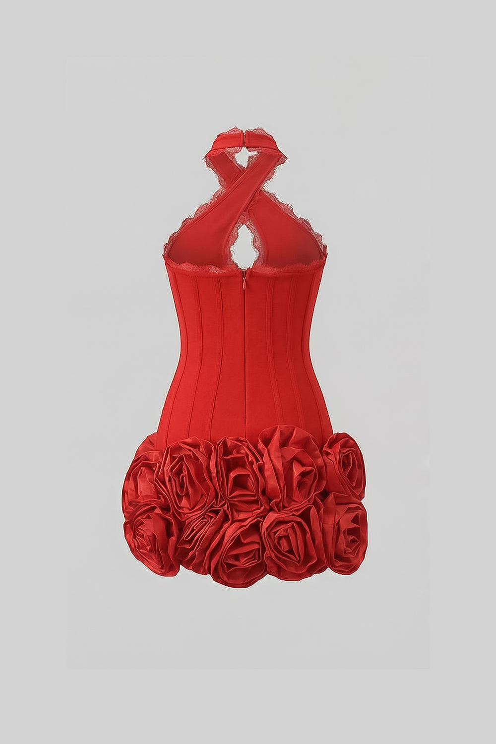 Halter Corset Mini Dress with 3D Rose Hem – Red - View 5