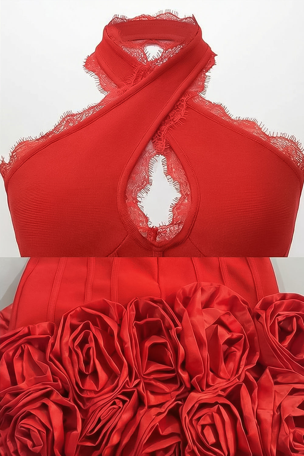Halter Corset Mini Dress with 3D Rose Hem – Red - View 7