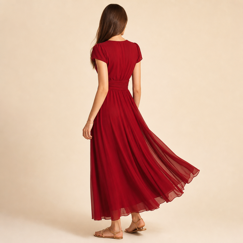 V-Neck Cap Sleeve Ruched Waist Chiffon Midi Dress 12