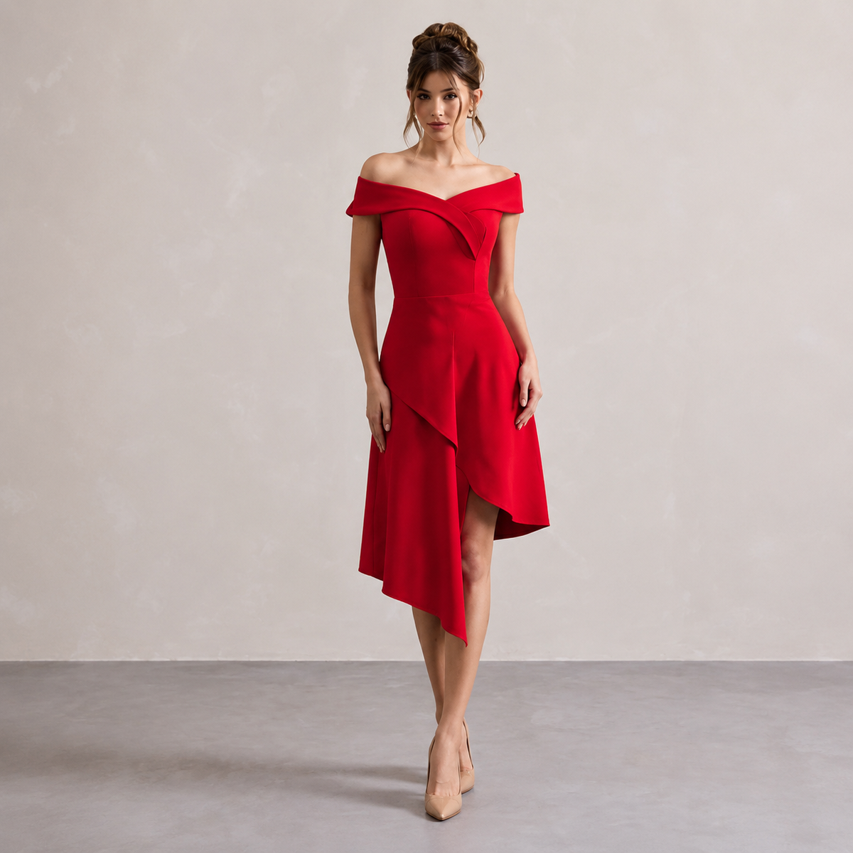 Off Shoulder High Low Asymmetric Midi Dress 4