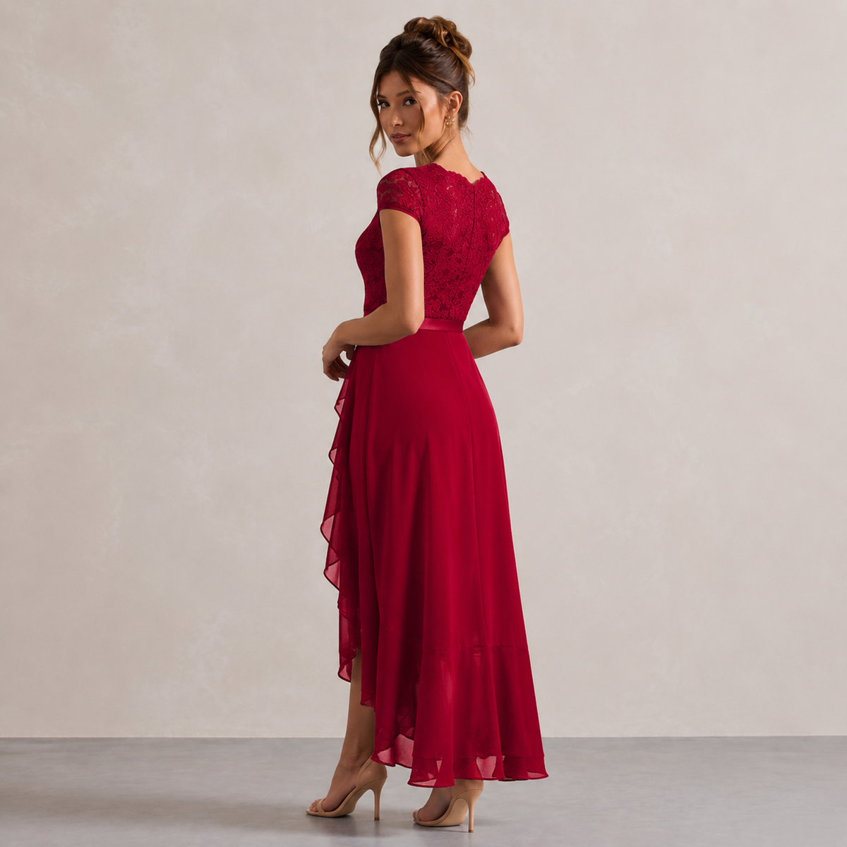 V-Neck Cap Sleeve Lace Bodice Ruffle High Low Midi Dress 9