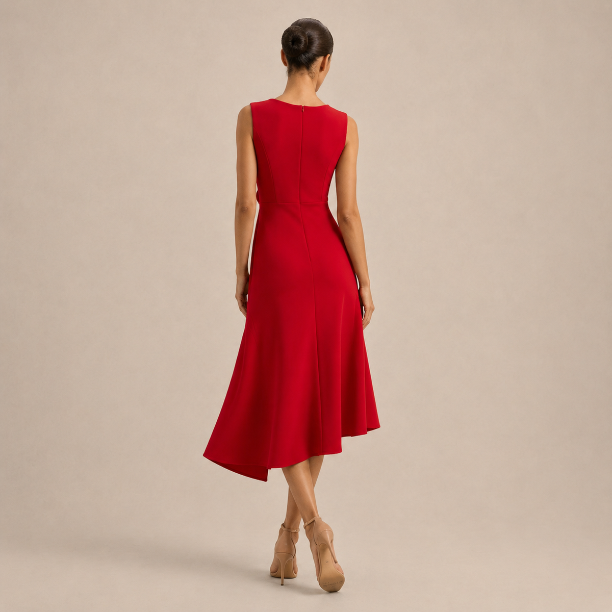 Boat Neck Sleeveless Ruched Ruffle High Low Midi Dress 6