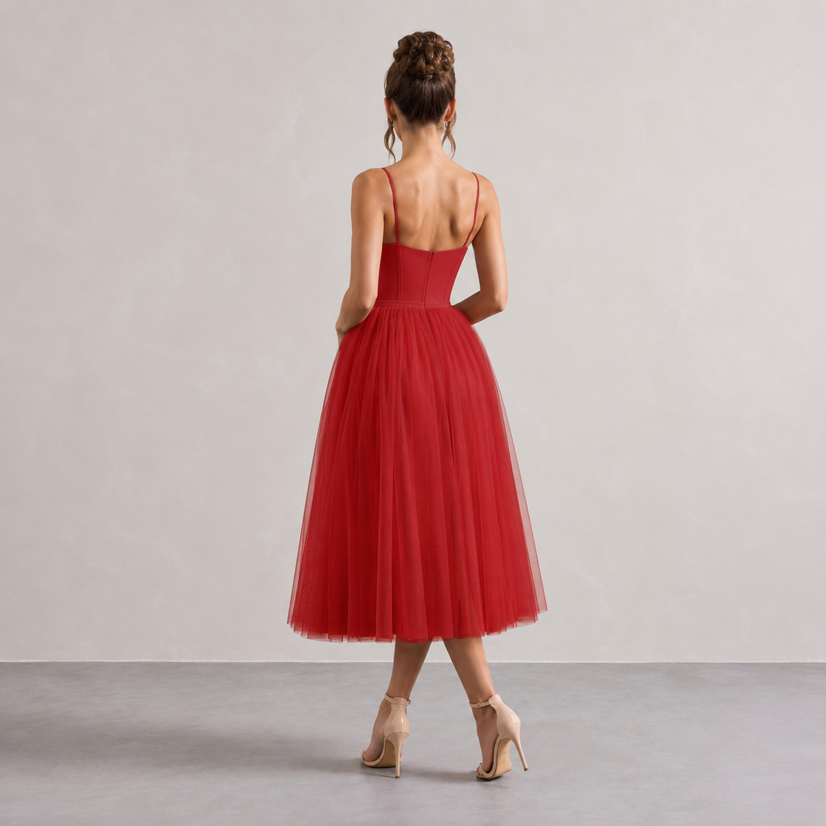 Sweetheart Strappy Corset Split Tulle Midi Dress 9