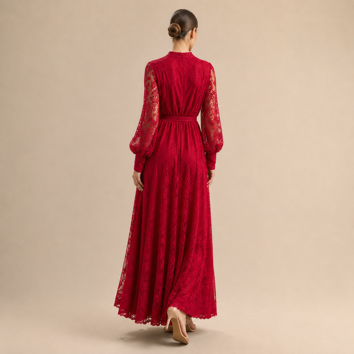 Lace Long Sleeve Button Front Belted Maxi Dress 6