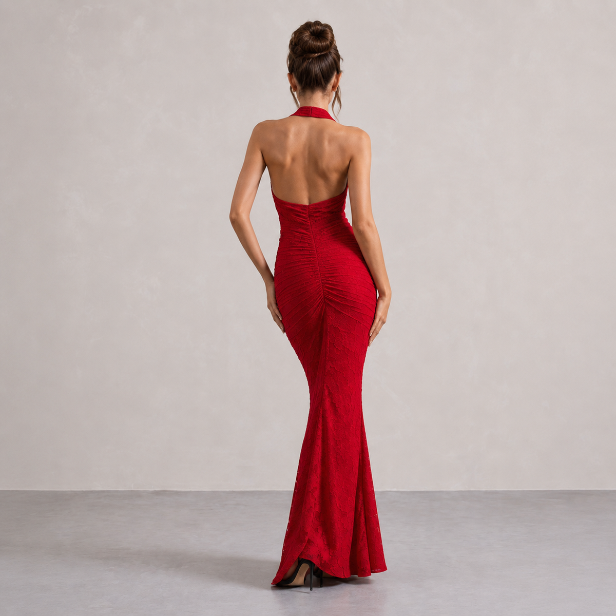 Plunge Halter Backless Ruched Lace Fishtail Maxi Gown 6