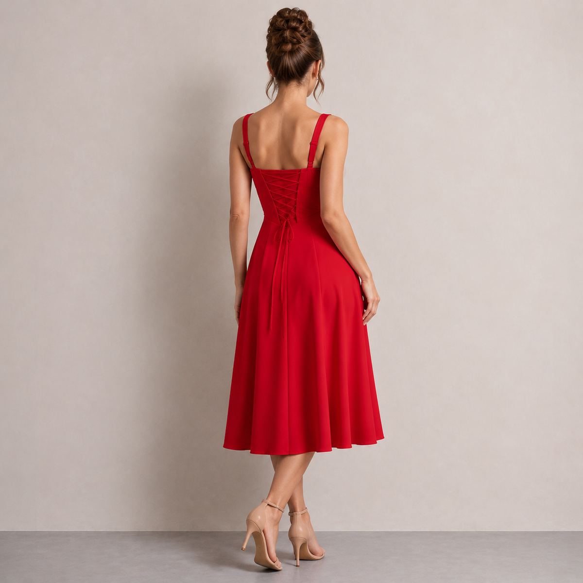 Square Neck Tie Front Corset Fit and Flare Midi Dress 9