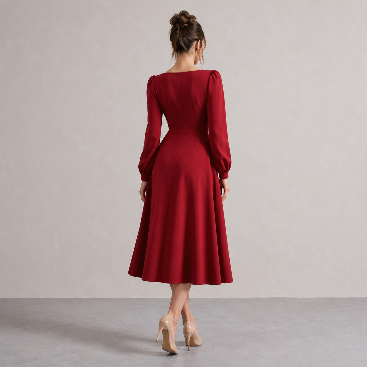 Sweetheart Neck Long Puff Sleeve Fit and Flare Midi Dress 6