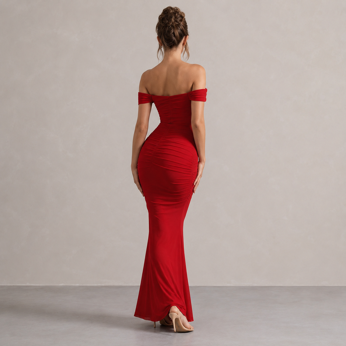 Off Shoulder Ruched Fishtail Maxi Gown 9