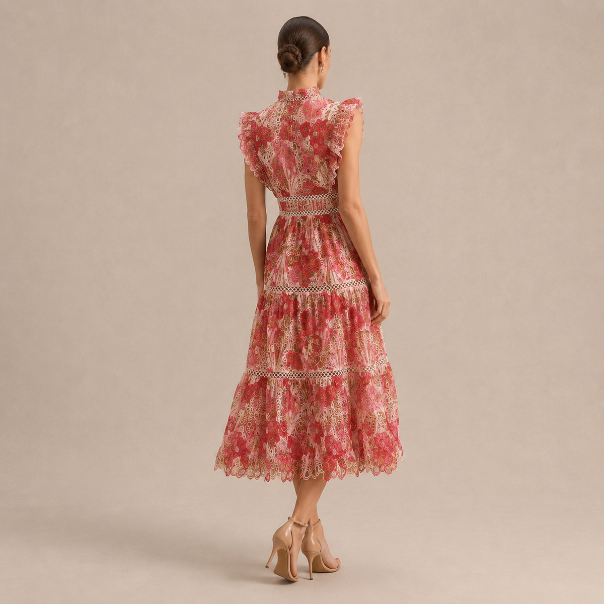 High Neck Floral Lace Tiered Midi Dress 3