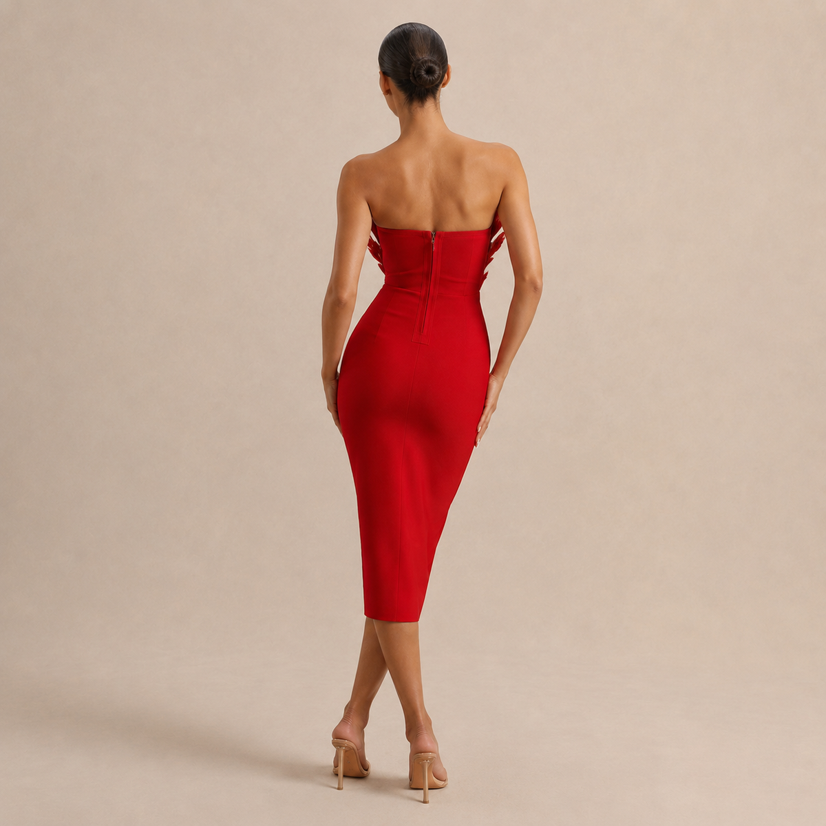 Feather Bodice Strapless Bodycon Midi Dress 3