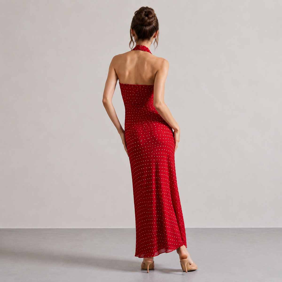 Halter Neck Polka Dot Ruched Bias Cut Maxi Dress 3