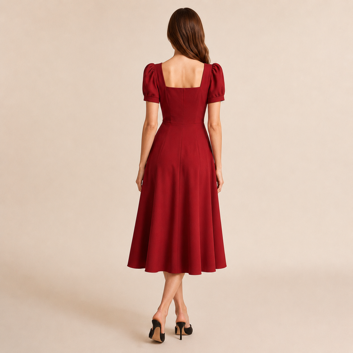 Square Neck Puff Sleeve Fit and Flare Midi Dress 9