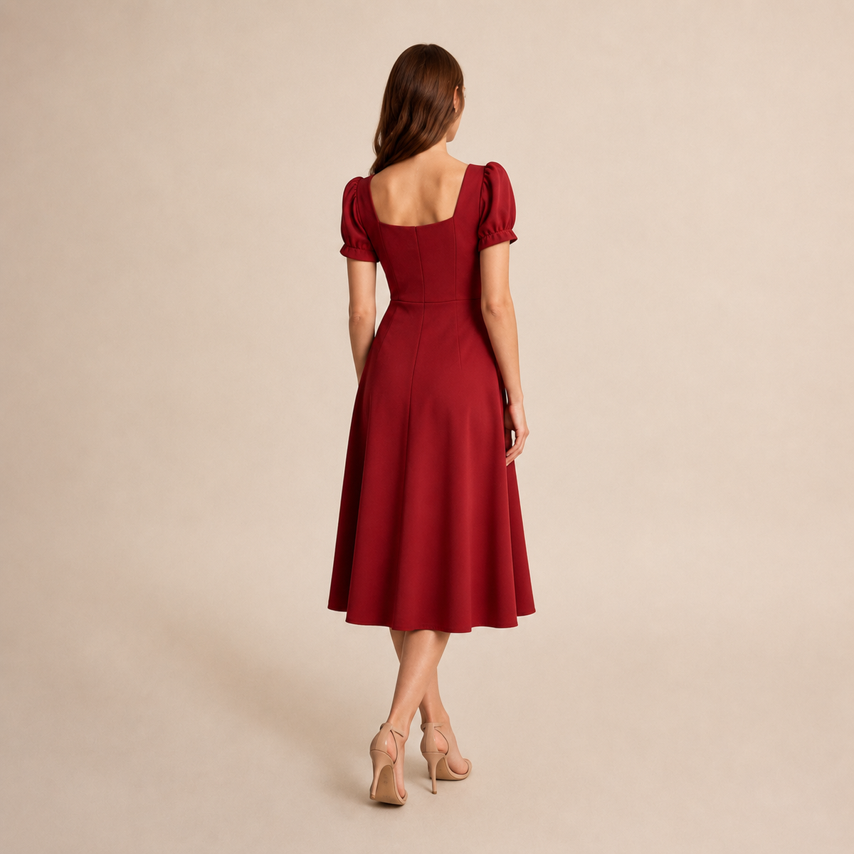Square Neck Puff Sleeve Fit and Flare Midi Dress 9