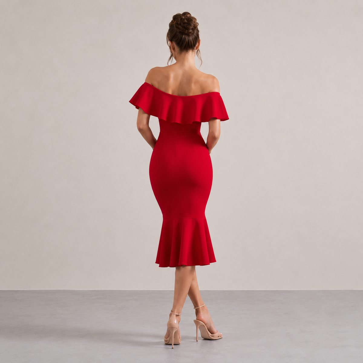 Off Shoulder Ruffle Fishtail Bodycon Midi Dress 9