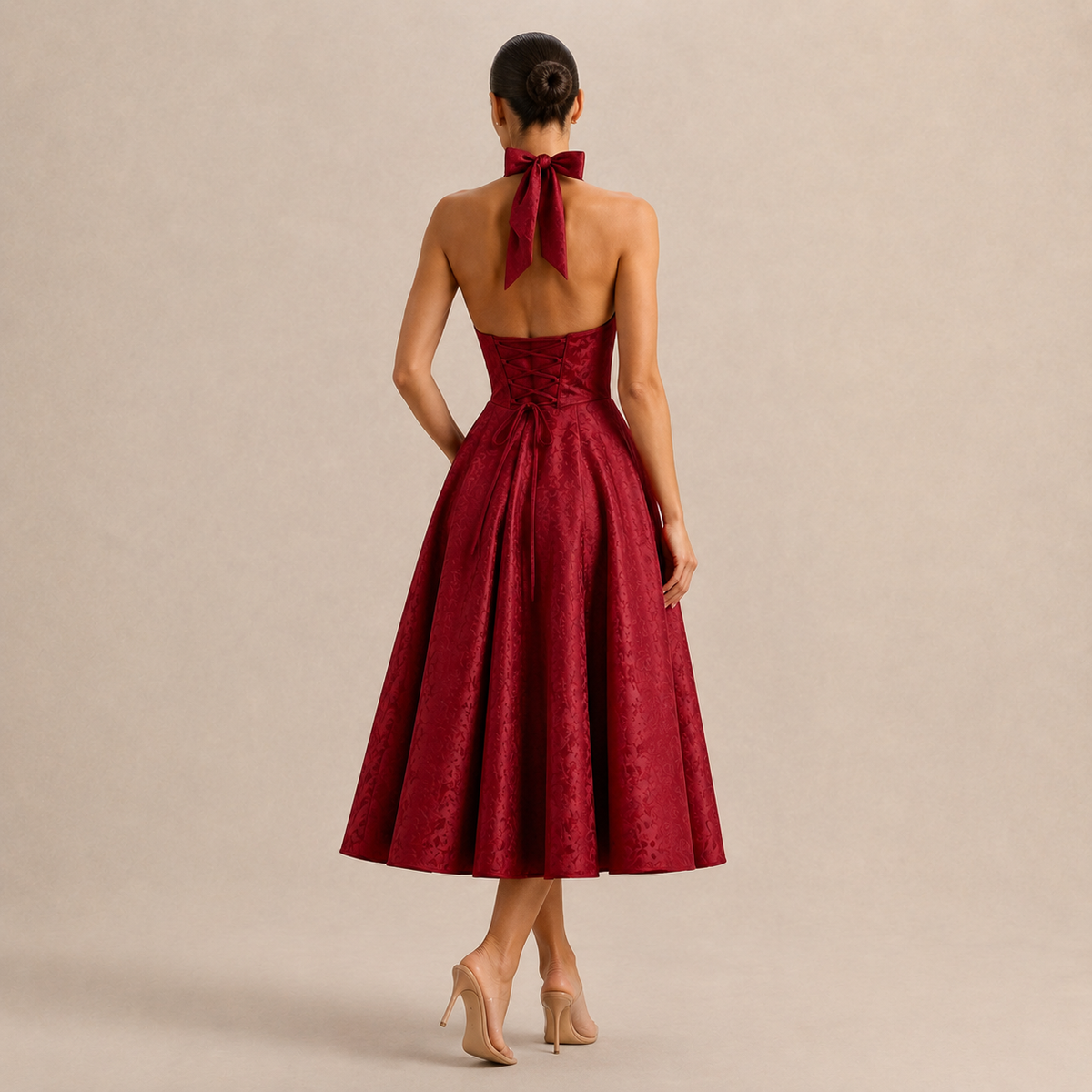 Floral Jacquard Halter Deep V-Neck Fit and Flare Midi Dress 18