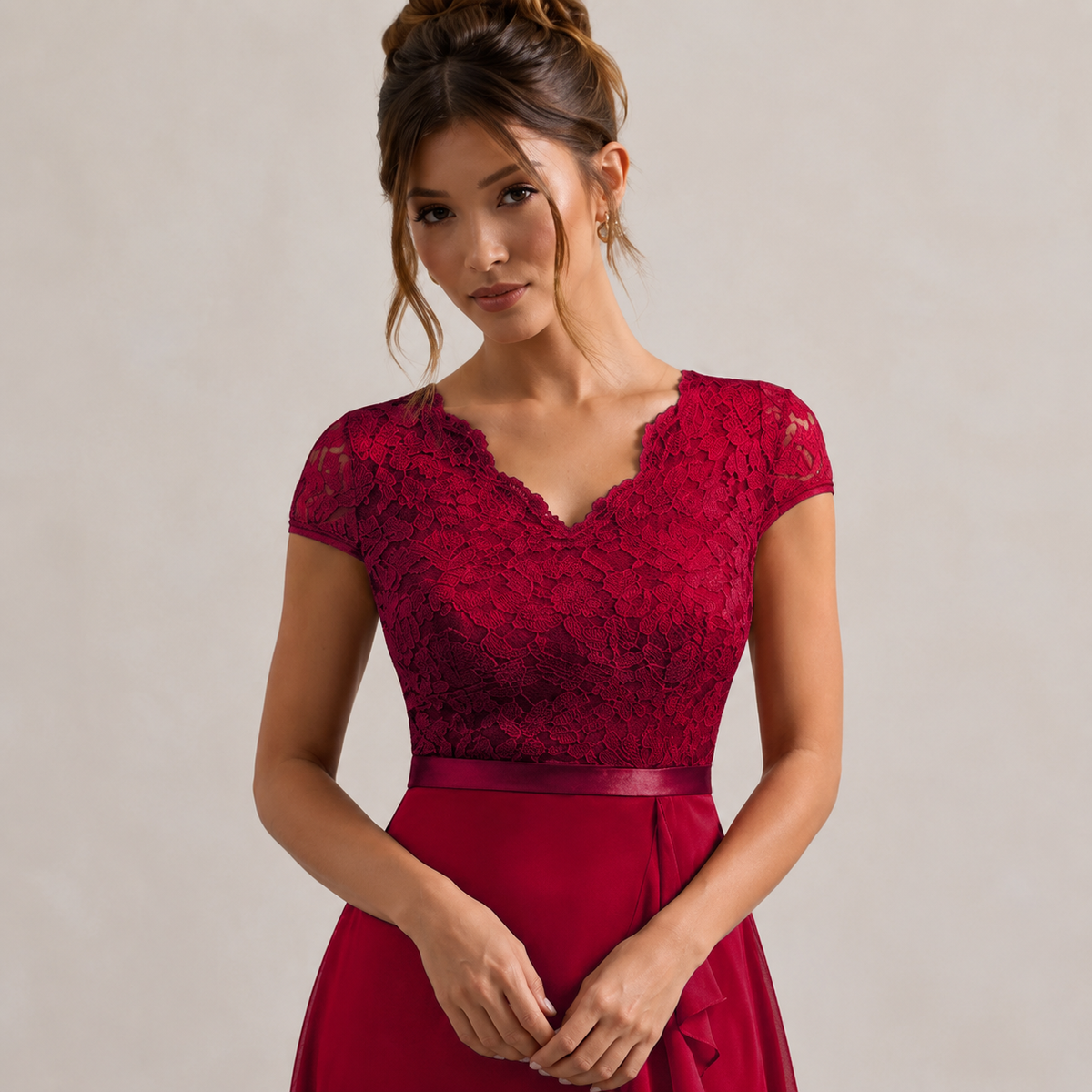 V-Neck Cap Sleeve Lace Bodice Ruffle High Low Midi Dress 8