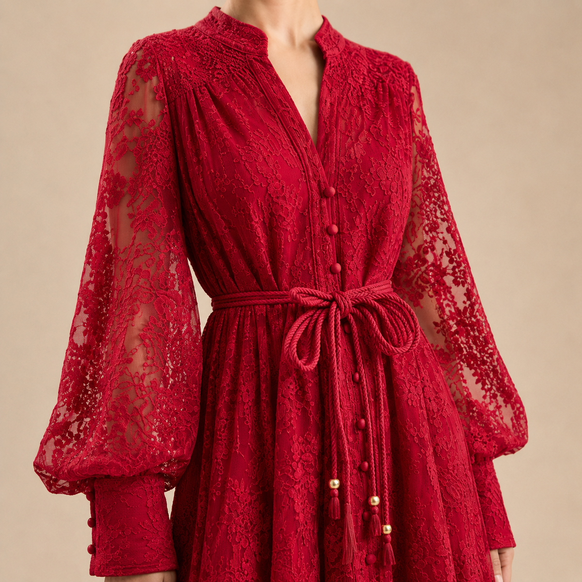 Lace Long Sleeve Button Front Belted Maxi Dress 5
