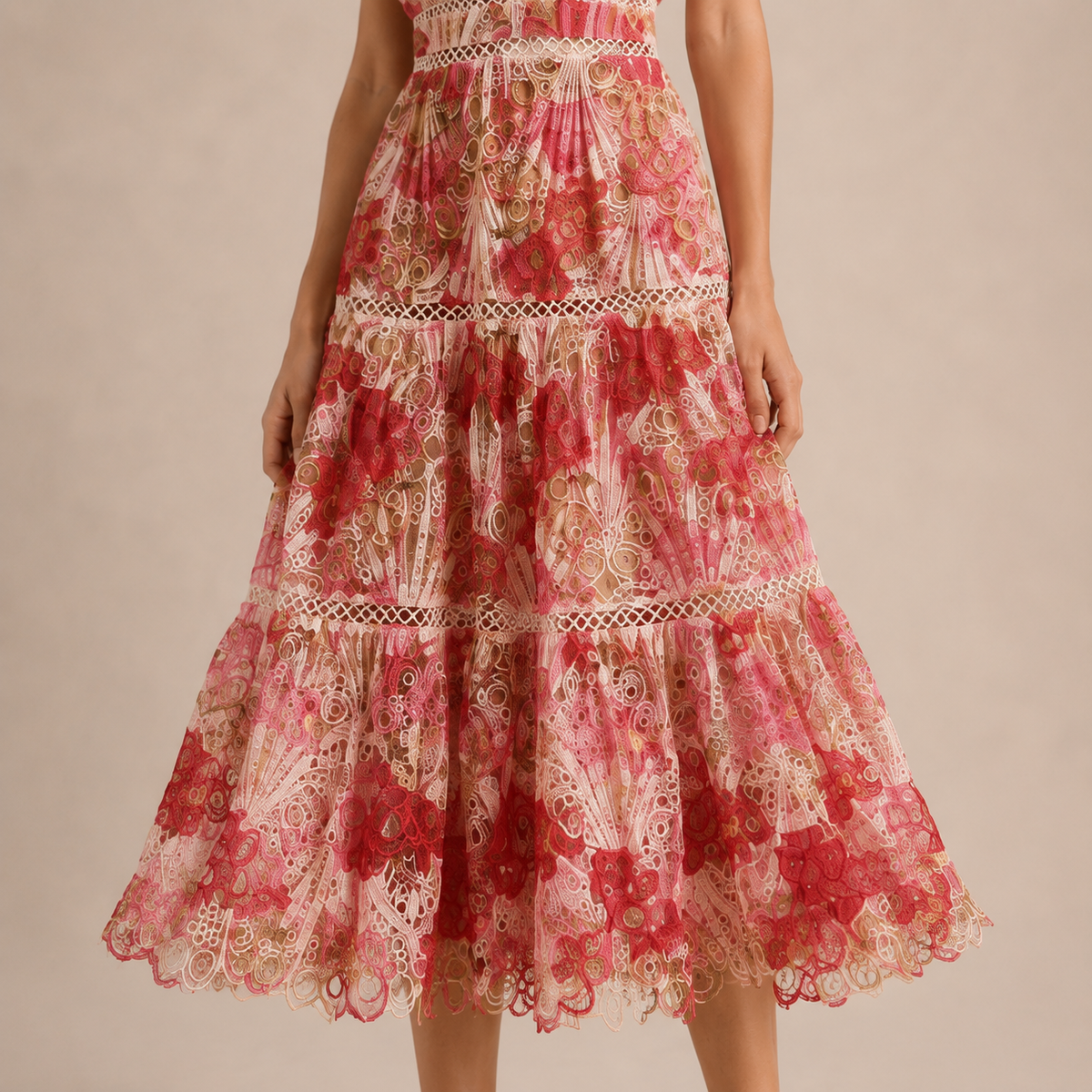 High Neck Floral Lace Tiered Midi Dress 2