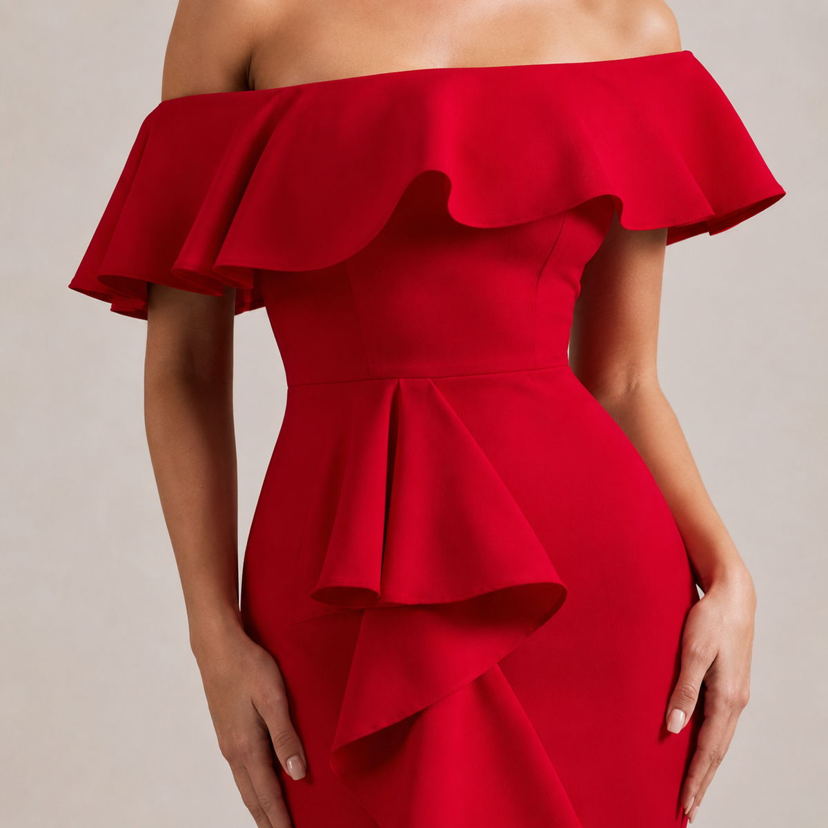 Off Shoulder Ruffle Fishtail Bodycon Midi Dress 8