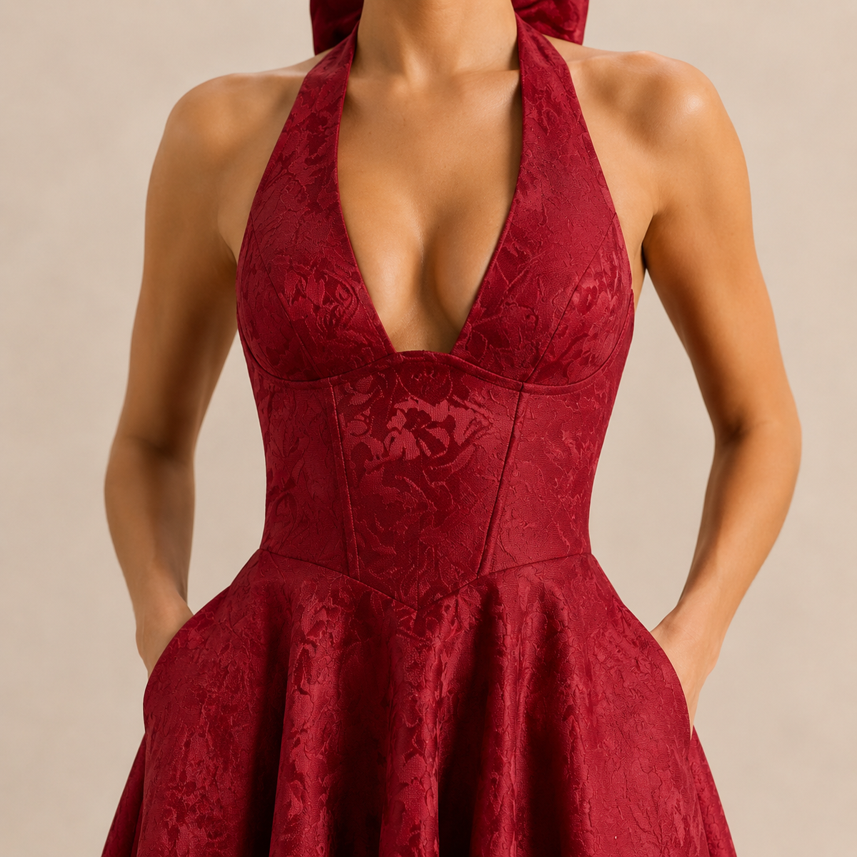 Floral Jacquard Halter Deep V-Neck Fit and Flare Midi Dress 17