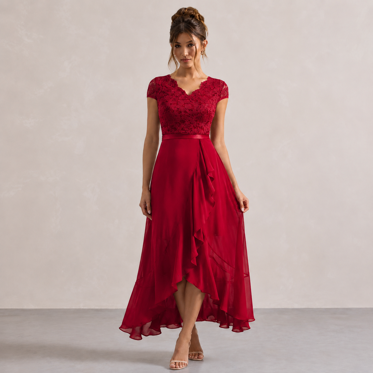V-Neck Cap Sleeve Lace Bodice Ruffle High Low Midi Dress 7