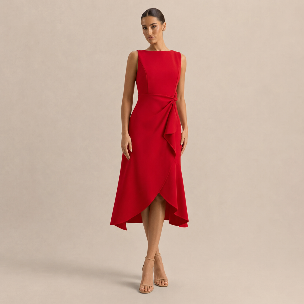 Boat Neck Sleeveless Ruched Ruffle High Low Midi Dress 4