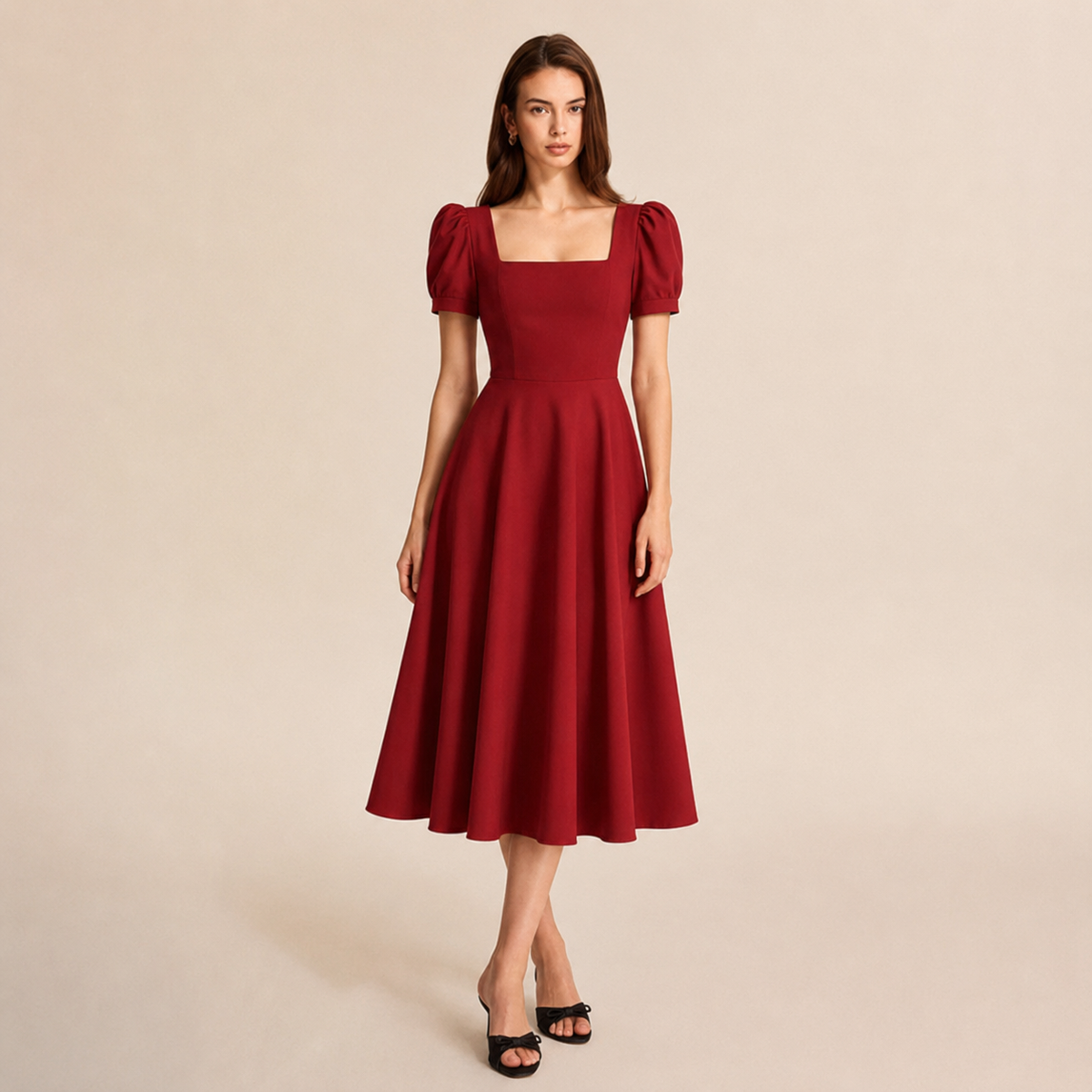 Square Neck Puff Sleeve Fit and Flare Midi Dress 7