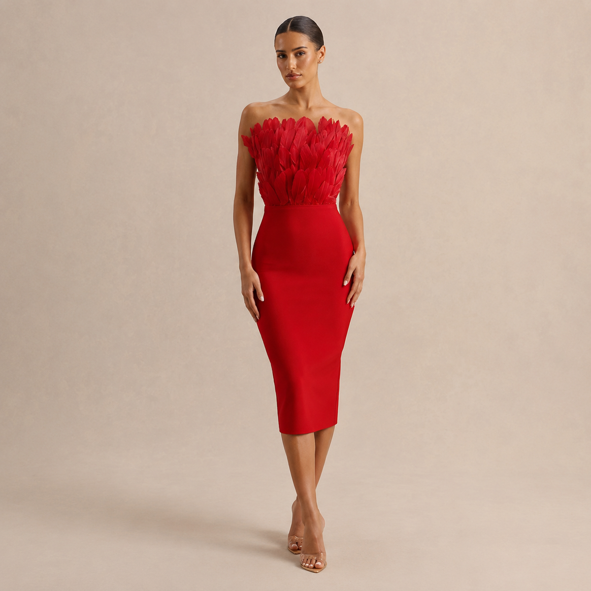 Feather Bodice Strapless Bodycon Midi Dress