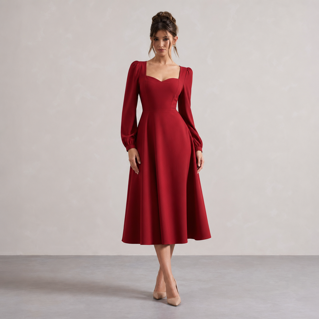 Sweetheart Neck Long Puff Sleeve Fit and Flare Midi Dress 4