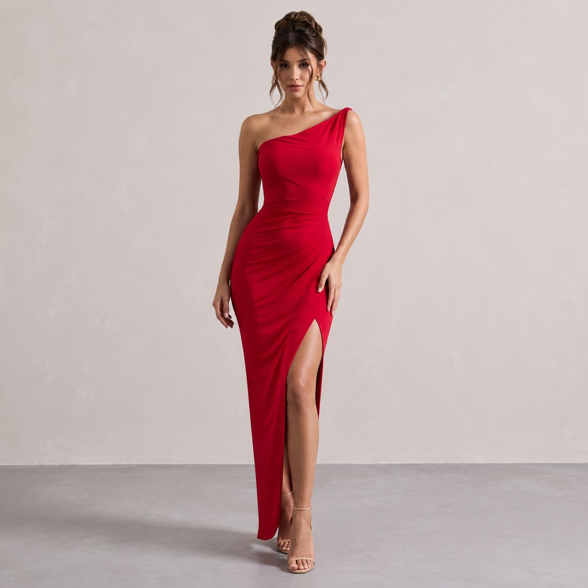 One Shoulder Ruched High Split Bodycon Midi Dress 7