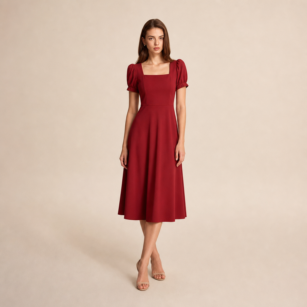 Square Neck Puff Sleeve Fit and Flare Midi Dress 7