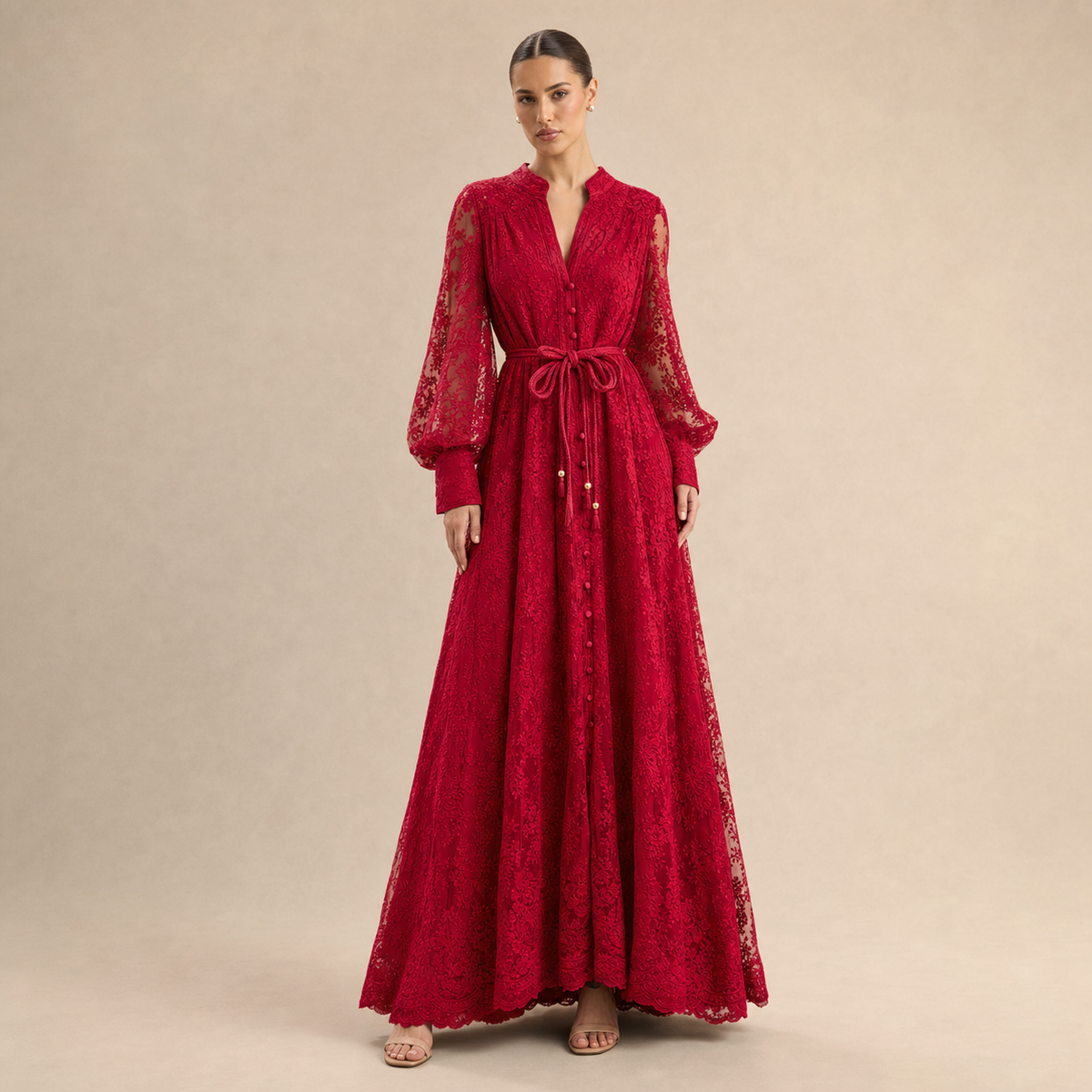 Lace Long Sleeve Button Front Belted Maxi Dress 4