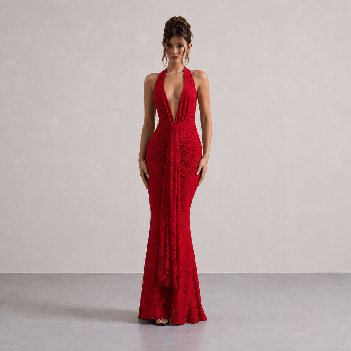 Plunge Halter Backless Ruched Lace Fishtail Maxi Gown 4