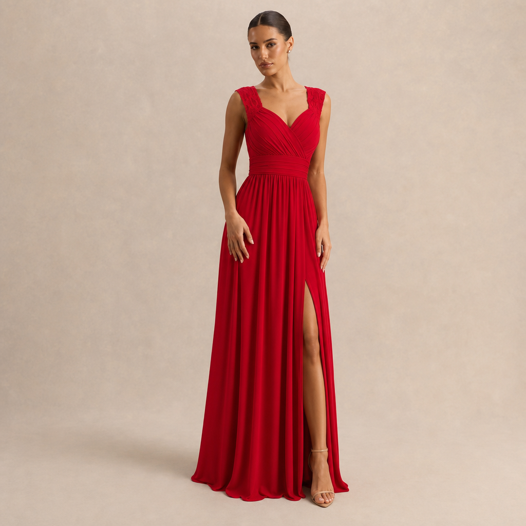 Sweetheart Cap Sleeve High Split Chiffon Maxi Gown 7