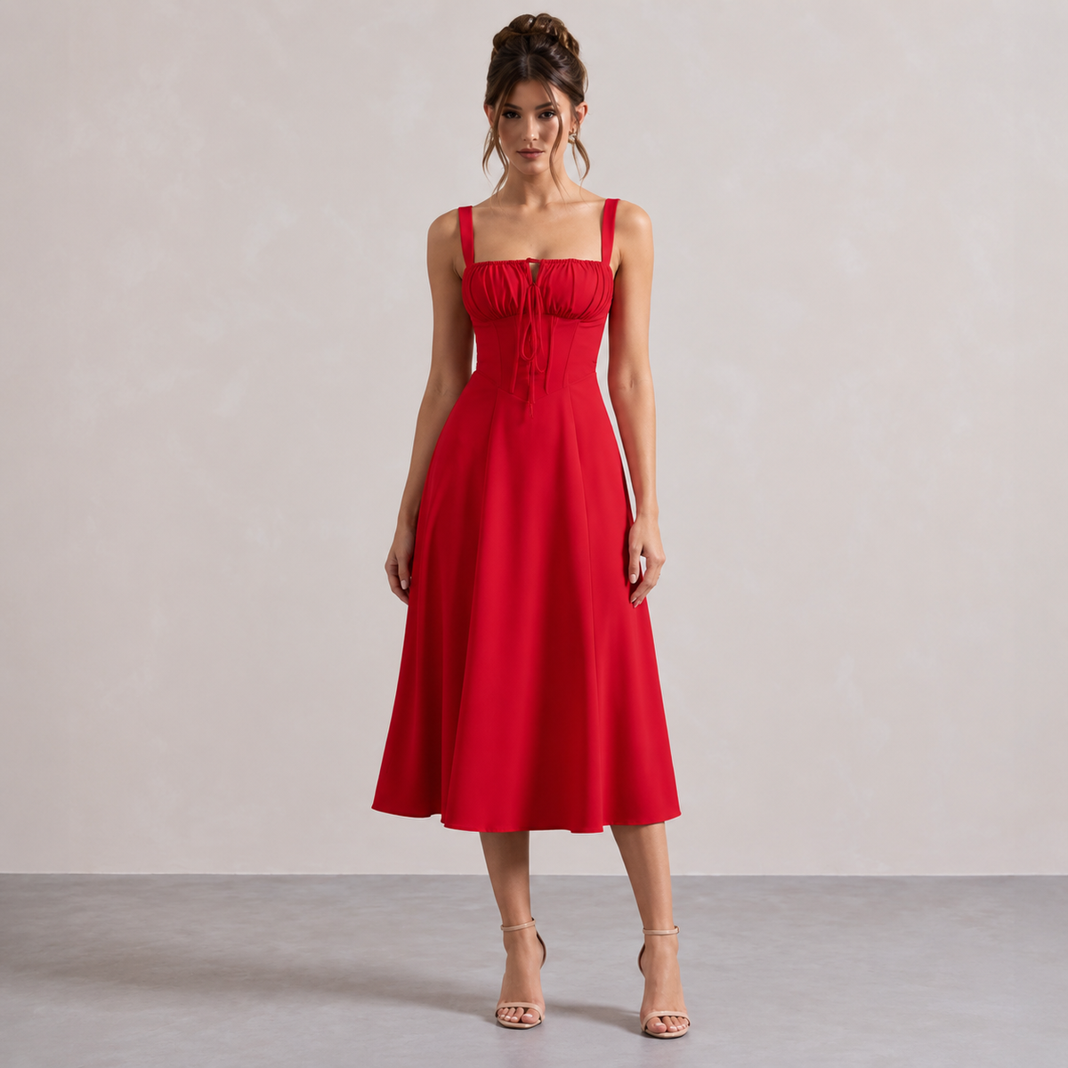 Square Neck Tie Front Corset Fit and Flare Midi Dress 7