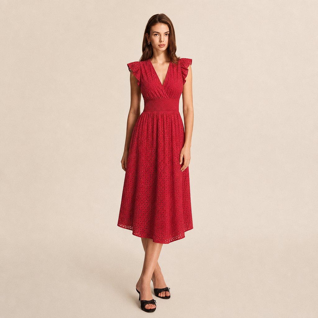 Broderie V-Neck Flutter Sleeve Shirred Waist A-Line Midi Dress 13