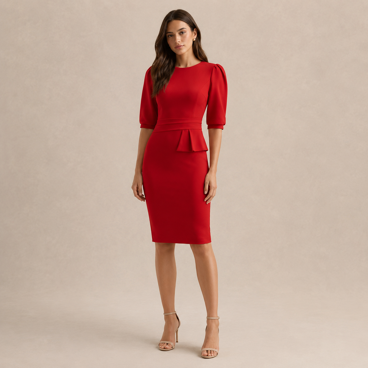 Round Neck Puff Sleeve Peplum Bodycon Midi Dress